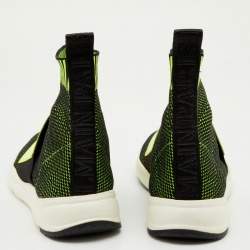Pre Owned Balmain Neon Green Stretch Knit And Leather Cameron Embossed Logo High Top Sneakers Size 39