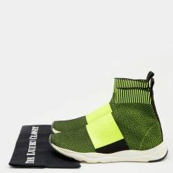 Pre Owned Balmain Neon Green Stretch Knit And Leather Cameron Embossed Logo High Top Sneakers Size 39