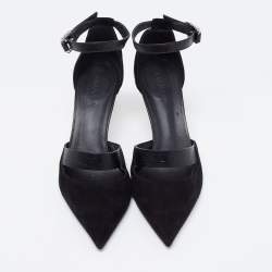 Pre Owned Balmain Black Suede and Logo Embossed Leather Ankle-Strap Pumps Size 36