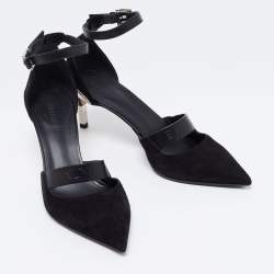 Pre Owned Balmain Black Suede and Logo Embossed Leather Ankle-Strap Pumps Size 36