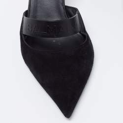 Pre Owned Balmain Black Suede and Logo Embossed Leather Ankle-Strap Pumps Size 36