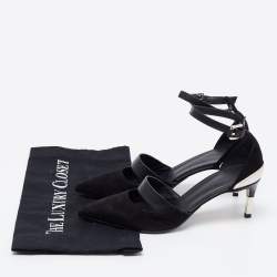 Pre Owned Balmain Black Suede and Logo Embossed Leather Ankle-Strap Pumps Size 36