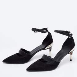 Pre Owned Balmain Black Suede and Logo Embossed Leather Ankle-Strap Pumps Size 36