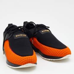 Balmain Black/Orange Quilted Neoprene and Leather Low Top Sneakers Size 37