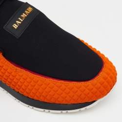 Balmain Black/Orange Quilted Neoprene and Leather Low Top Sneakers Size 37