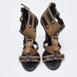 Pre Owned Balmain Brown/Black Canvas And Leather Strappy Sandals Size 37