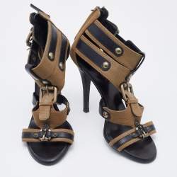 Pre Owned Balmain Brown/Black Canvas And Leather Strappy Sandals Size 37