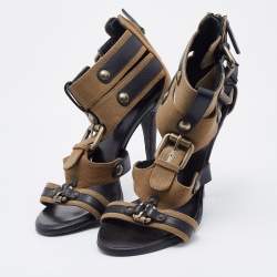 Pre Owned Balmain Brown/Black Canvas And Leather Strappy Sandals Size 37