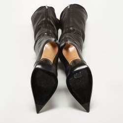 Pre Owned Balmain Black Leather Knee Length Boots Size 38