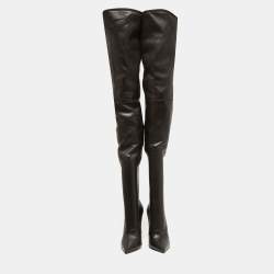 Pre Owned Balmain Black Leather Knee Length Boots Size 38