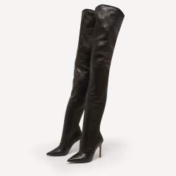 Pre Owned Balmain Black Leather Knee Length Boots Size 38