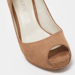 Balmain Brown Nubuck Leather Peep Toe Platform Pumps Size 37