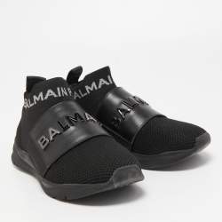 Pre Owned Balmain Black Leather and Knit Fabric High Top Sneakers Size 36
