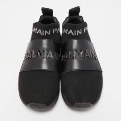 Pre Owned Balmain Black Leather and Knit Fabric High Top Sneakers Size 36