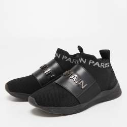 Pre Owned Balmain Black Leather and Knit Fabric High Top Sneakers Size 36
