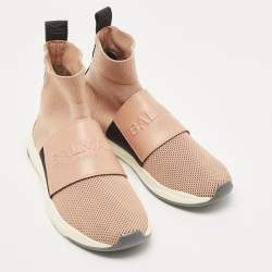 Pre Owned Balmain Blush Pink Stretch Knit  High Top Sneakers Size 37.5