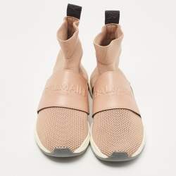 Pre Owned Balmain Blush Pink Stretch Knit  High Top Sneakers Size 37.5