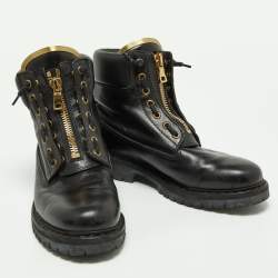 Balmain Black Leather Zip Front Combat Boots Size 38