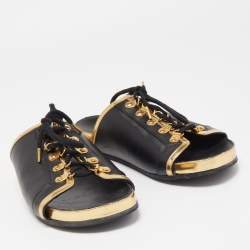 Balmain Black/Gold Leather Lace Up Slides Size 39