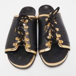 Balmain Black/Gold Leather Lace Up Slides Size 39