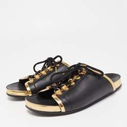 Balmain Black/Gold Leather Lace Up Slides Size 39