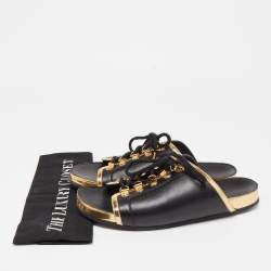 Balmain Black/Gold Leather Lace Up Slides Size 39