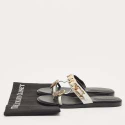 Balmain White Leather Chain-Link Accents Thong Flat Slides Size 37