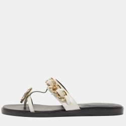 Balmain White Leather Chain-Link Accents Thong Flat Slides Size 37