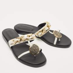 Balmain White Leather Chain-Link Accents Thong Flat Slides Size 37