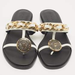 Balmain White Leather Chain-Link Accents Thong Flat Slides Size 37