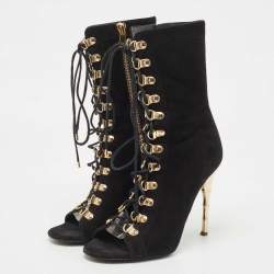 Balmain Black Suede Open Toe Lace Up Boots Size 36