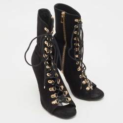 Balmain Black Suede Open Toe Lace Up Boots Size 36