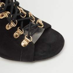 Balmain Black Suede Open Toe Lace Up Boots Size 36