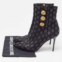Balmain Black Logo Embossed Leather Roni Ankle Booties Size 36