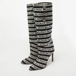 Balmain Black/White Canvas Knee Length Boots Size 39