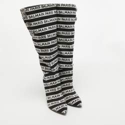 Balmain Black/White Canvas Knee Length Boots Size 39