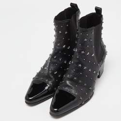 Balmain Black Leather and Patent Studded Ankle Boots Size 39