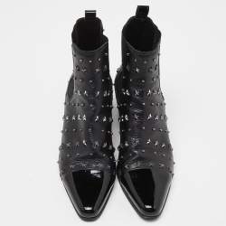 Balmain Black Leather and Patent Studded Ankle Boots Size 39
