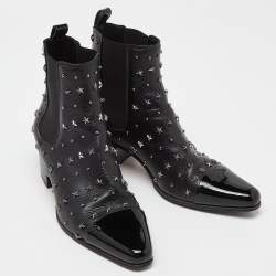 Balmain Black Leather and Patent Studded Ankle Boots Size 39