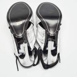 Balmain Silver/Black Quilted Leather and Suede Ankle Strap Sandals Size 40
