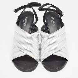 Balmain Silver/Black Quilted Leather and Suede Ankle Strap Sandals Size 40