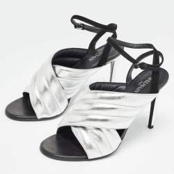 Balmain Silver/Black Quilted Leather and Suede Ankle Strap Sandals Size 40