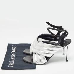 Balmain Silver/Black Quilted Leather and Suede Ankle Strap Sandals Size 40