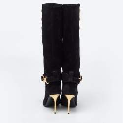 Pre Owned Balmain Black Suede Robin Embellished Knee Length Boots Size 36
