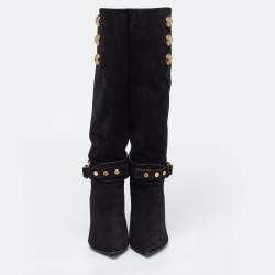 Pre Owned Balmain Black Suede Robin Embellished Knee Length Boots Size 36