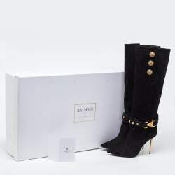 Pre Owned Balmain Black Suede Robin Embellished Knee Length Boots Size 36