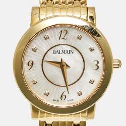 Pre Owned Balmain Elegance Chic B1690.33.84 Mother Of Pearl Diamond Gold Plated Stainless Steel Women's Wristwatch 29 mm