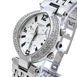 Pre Owned Balmain Silver Stainless Steel and Diamond Excessive Chronograph 5831 Women's Wristwatch 32 mm