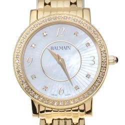 Pre Owned Balmain MOP Yellow Gold Plated Stainless Steel Diamond Elegance Chic Mini B1693.33.84 Women's Wristwatch 29 mm