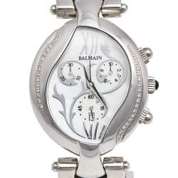 Pre Owned Balmain Mother of Pearl Stainless Steel Diamonds Excessive Chrono 5655 Women's Wristwatch 34 mm